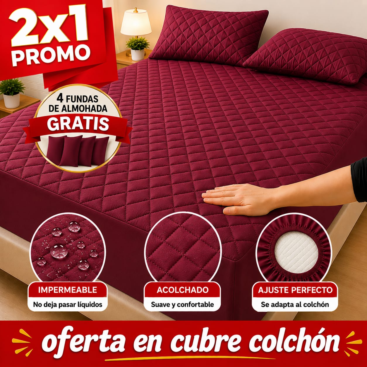 OF. Cubre Colchón 2x1 + 4 Fundas de almohada gratis