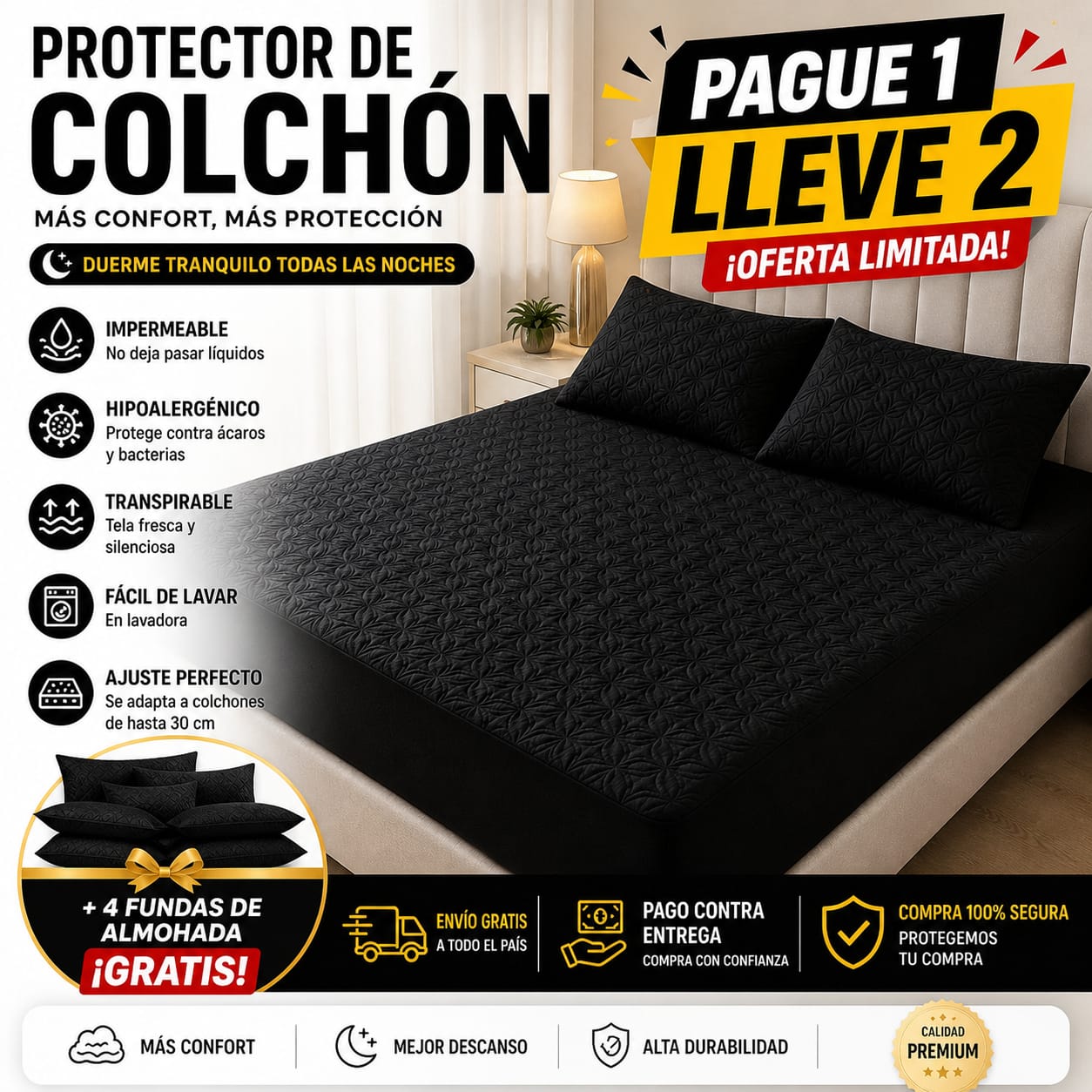 OF. Cubre Colchón 2x1 + 4 Fundas de almohada gratis
