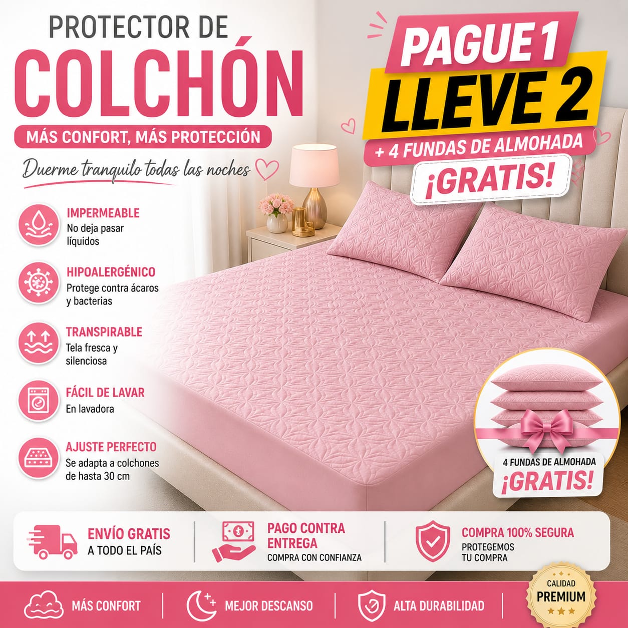 OF. Cubre Colchón 2x1 + 4 Fundas de almohada gratis