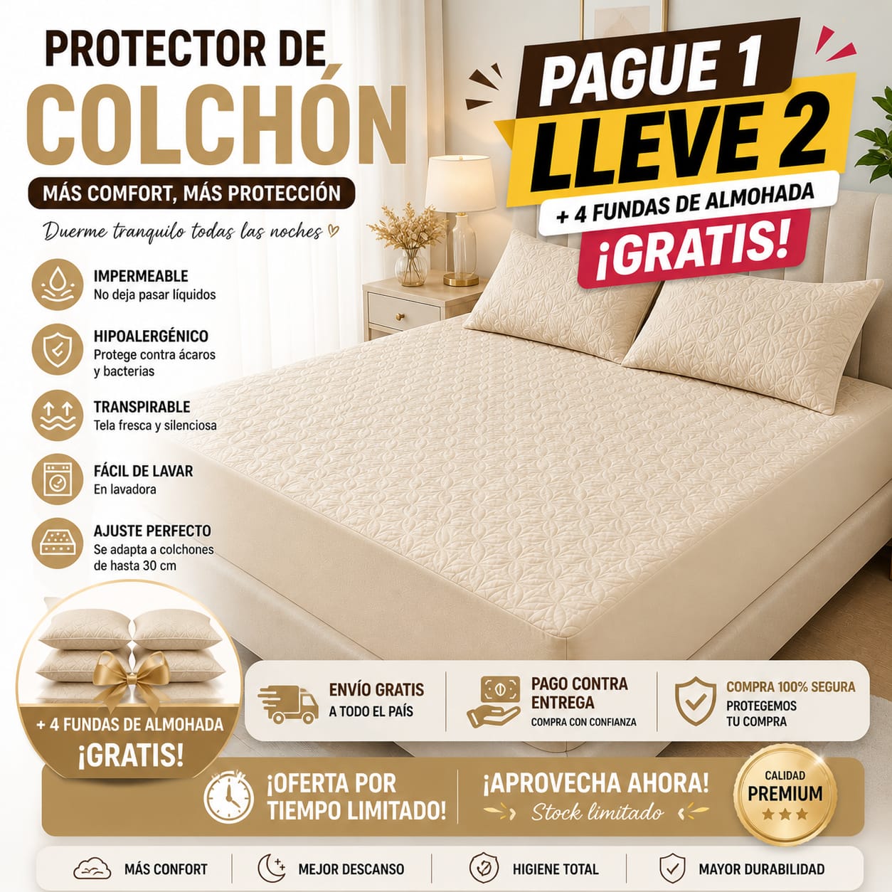 OF. Cubre Colchón 2x1 + 4 Fundas de almohada gratis