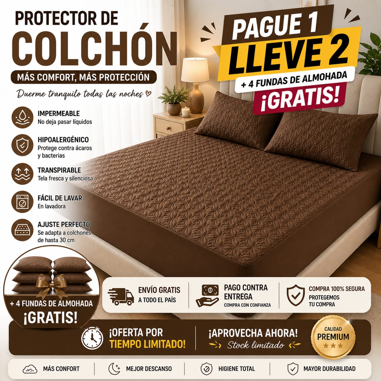 OF. Cubre Colchón 2x1 + 4 Fundas de almohada gratis