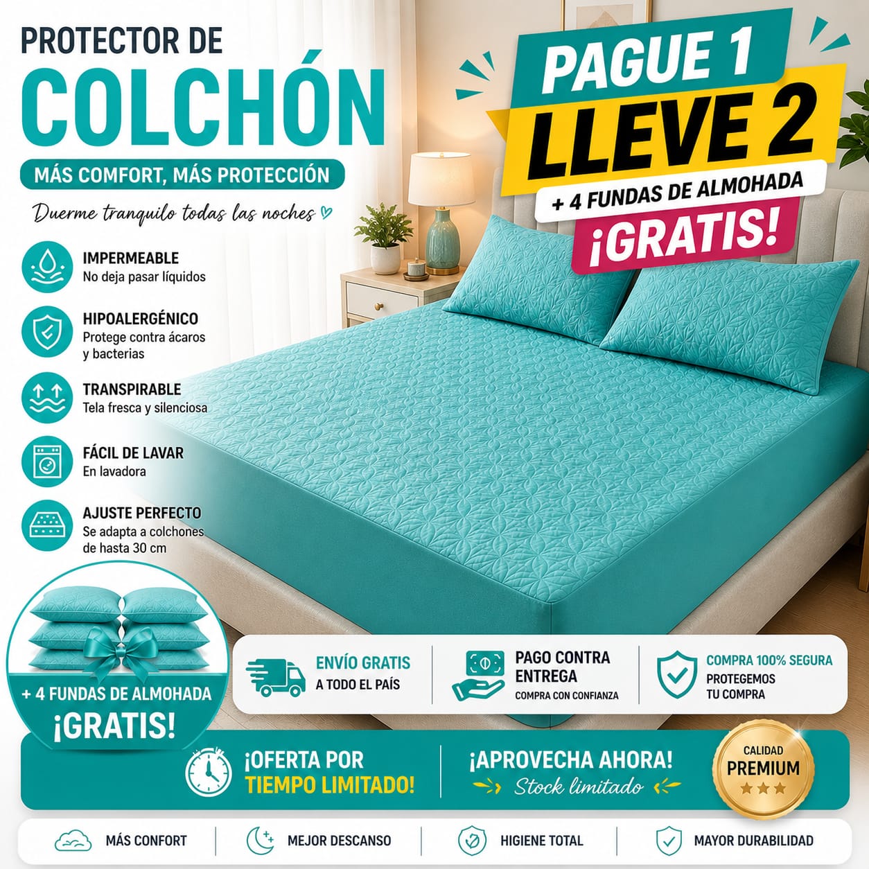 OF. Cubre Colchón 2x1 + 4 Fundas de almohada gratis