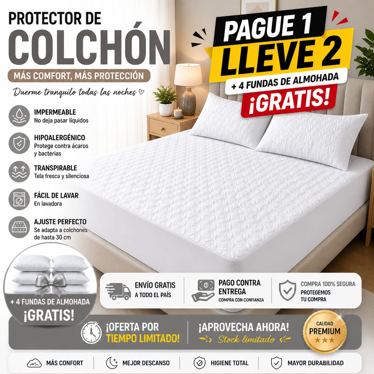 OF. Cubre Colchón 2x1 + 4 Fundas de almohada gratis