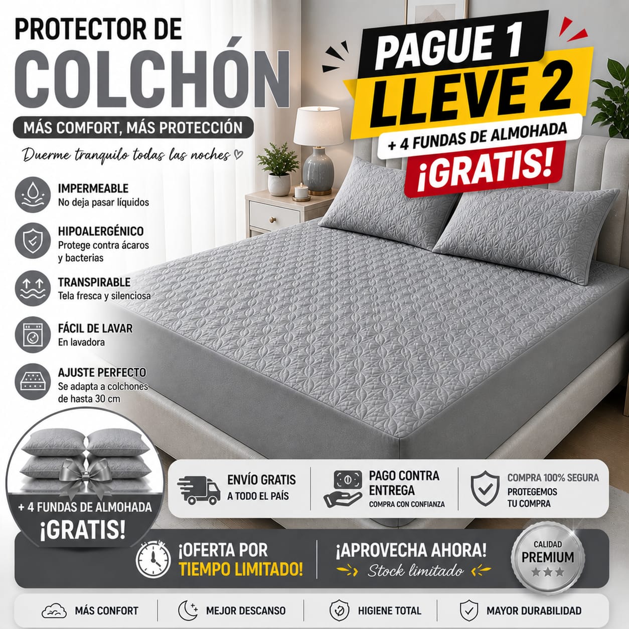 OF. Cubre Colchón 2x1 + 4 Fundas de almohada gratis