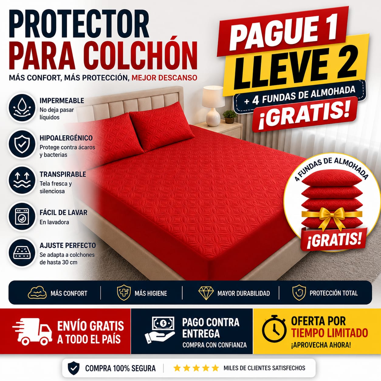 OF. Cubre Colchón 2x1 + 4 Fundas de almohada gratis
