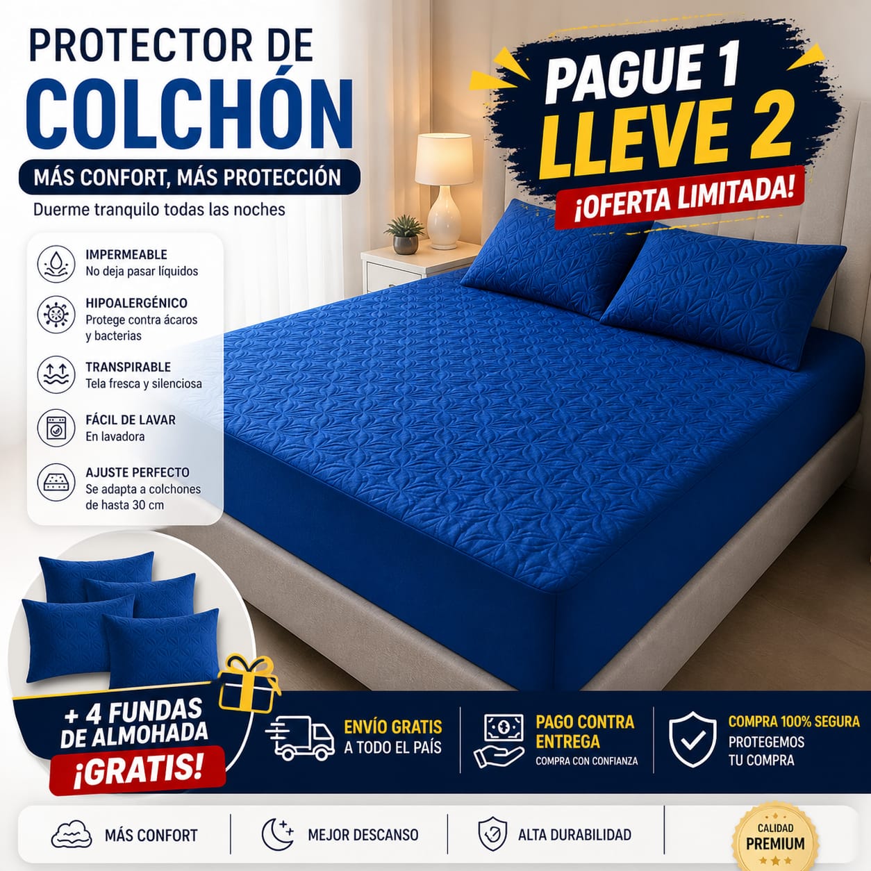 OF. Cubre Colchón 2x1 + 4 Fundas de almohada gratis
