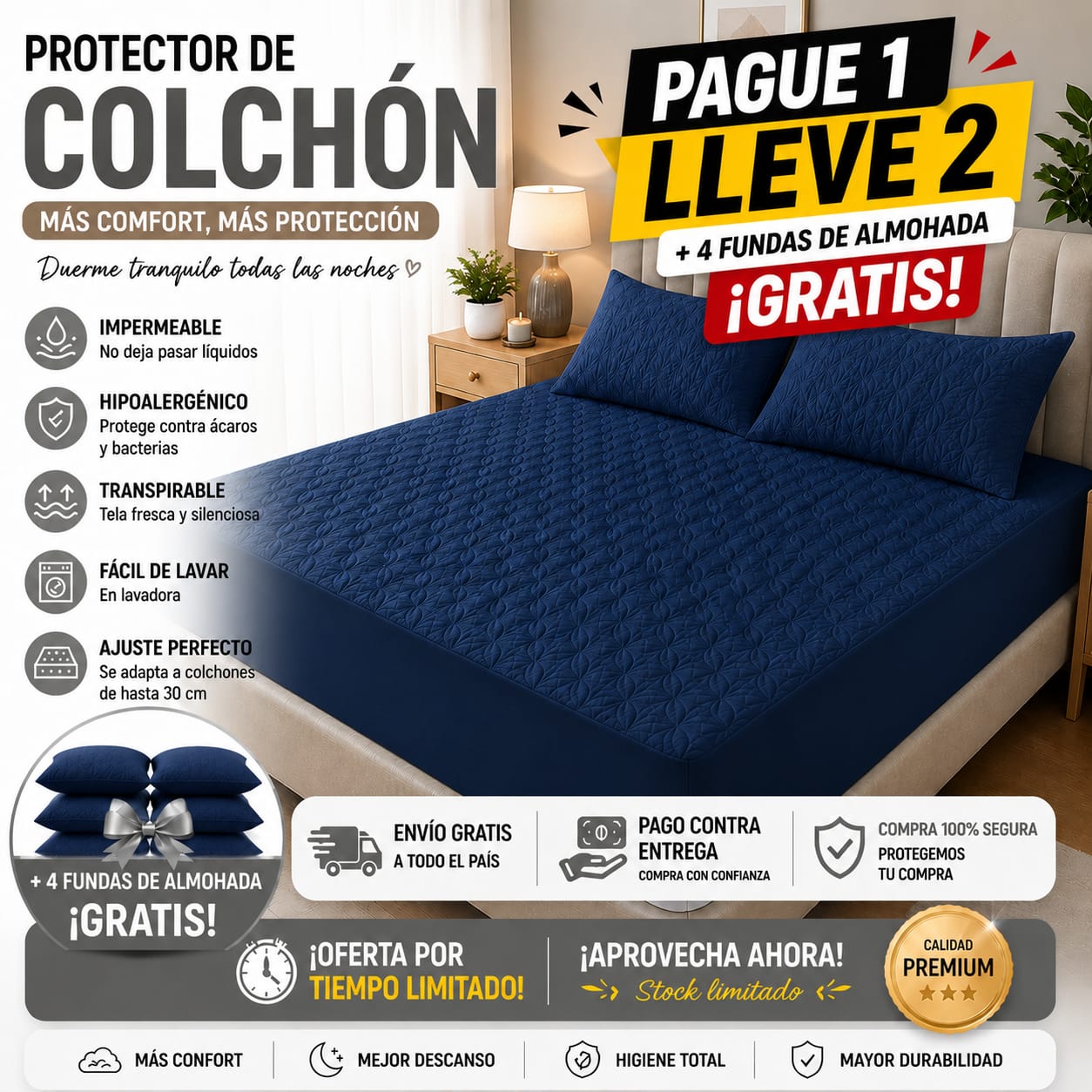 OF. Cubre Colchón 2x1 + 4 Fundas de almohada gratis