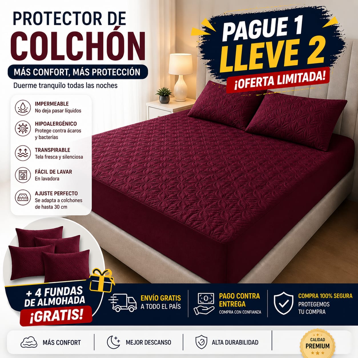 OF. Cubre Colchón 2x1 + 4 Fundas de almohada gratis
